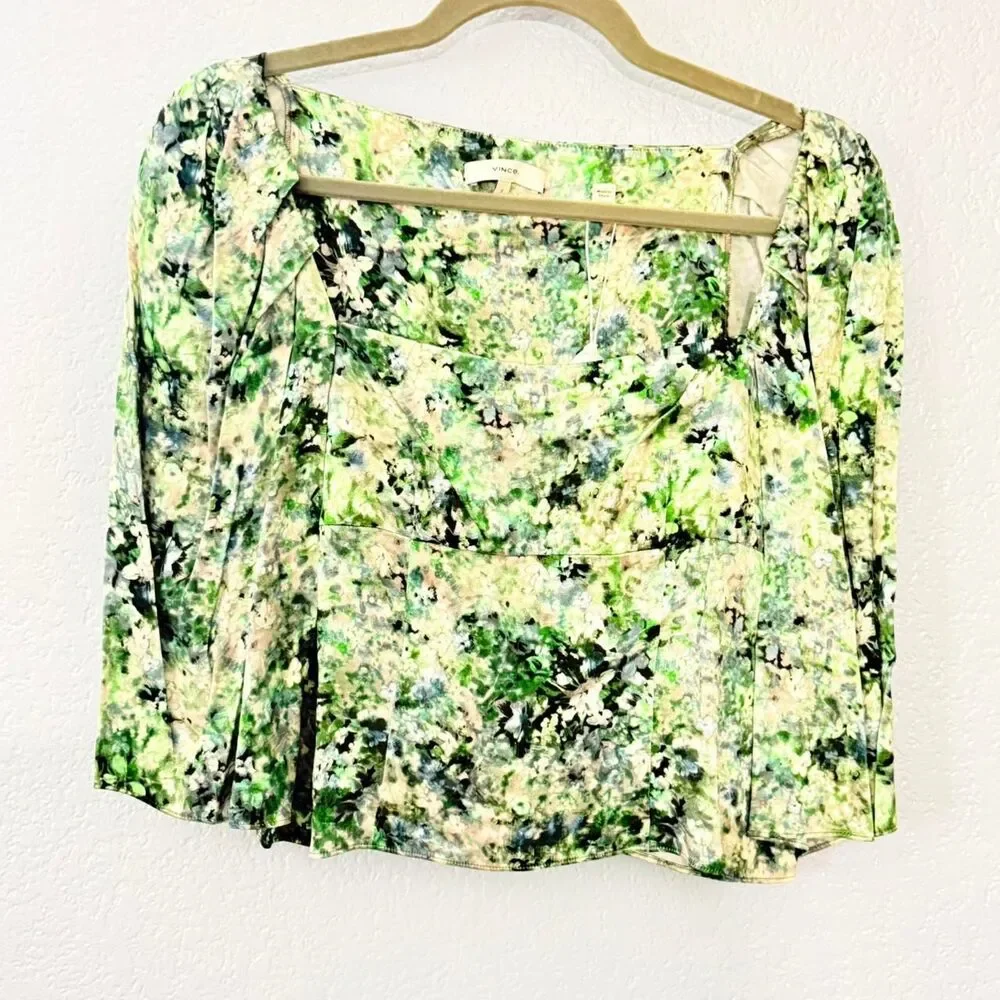 Vince Women's Painted Floral Draped L/S Square Nk Top SZ 2 - Picture 6 of 8